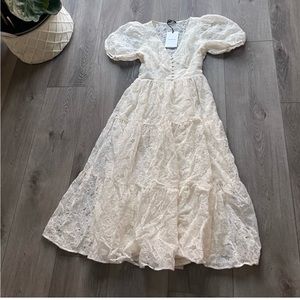 En Saison Agathe Ivory Embroidered Floral Midi Button Front Puff Sleeve Dress